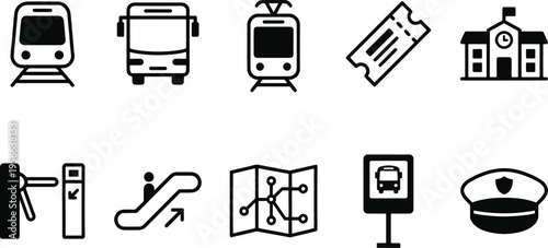 Public transportation icons on a white background