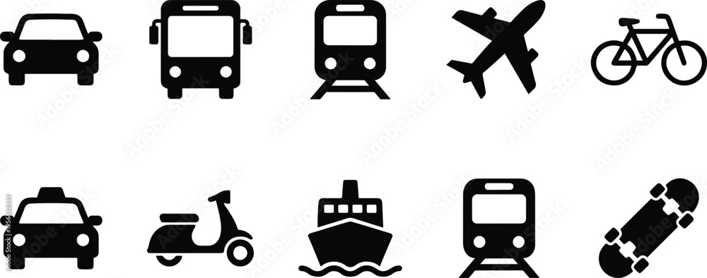 Obraz premium Black and white icons of various modes of transportation