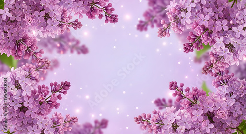 Beautiful blooming purple lilac flowers arranged in a floral frame on a soft light lavender background
