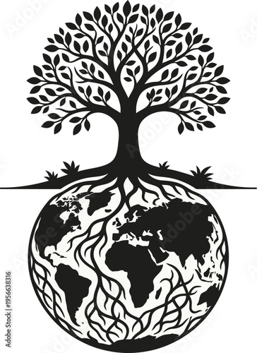 Elegant black and white vector illustration of a large, mature tree with deep roots growing out of the top half of the Earth