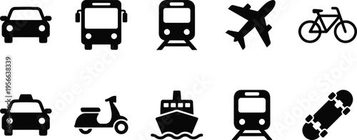 Black and white icons of various modes of transportation
