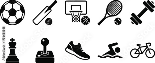 A collection of sports and games icons in black and white