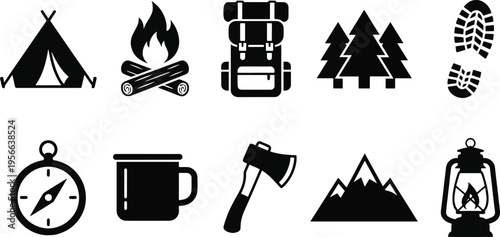 A set of black and white icons for camping and outdoor activities