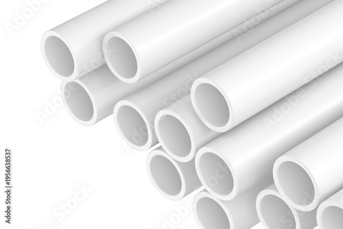 Stacked white pvc pipes closeup background for plumbing product banner and industrial equipment design and catalog use.3d render