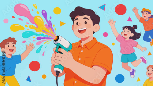 Man spraying colorful paint with children