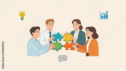 Four people assembling puzzle pieces