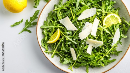 Overhead vibrant food photo of fresh Arugula (Rocket) and Parmesan Salad with zesty lemon slices in a bowl on a bright white surface, highlighting healthy eating. ,Healthy Salad