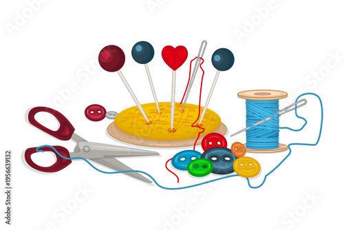 Sewing accessories set with pincushion, scissors,thread spool and buttons.Tailor or hobby craft tools.Sewing kit,pincushion with colorful pins,tailor scissors,thread spool and scattered buttons.Vector