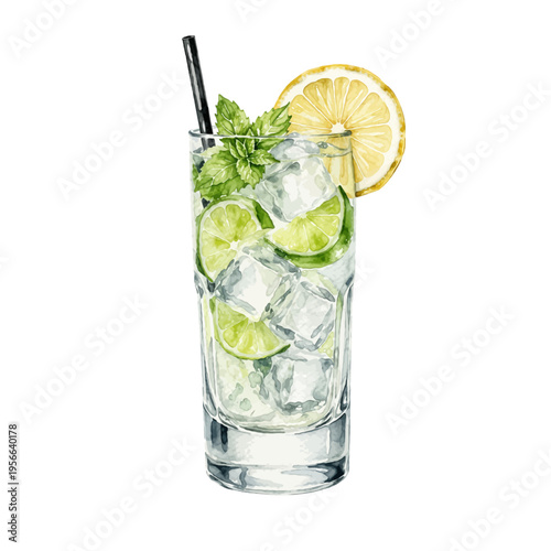 A beautiful watercolor gin and tonic cocktail clip art illustration, featuring lemon slices, lime wedges, fresh mint, and ice in a clear highball glass.