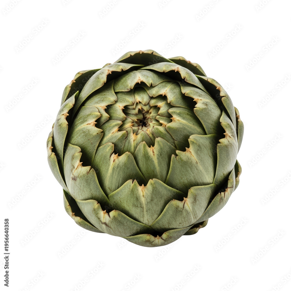 Fototapeta premium Flower head of green artichoke, isolated on transparent background. Plant-based diet, vegan and vegetarian ingredient for cooking