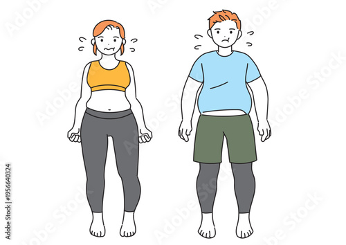 スポーツウェアを着た太った男性と女性の全身図