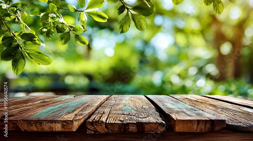 Rustic Wooden Tabletop: Lush Green Foliage Backdrop for Natural Outdoor Scenes