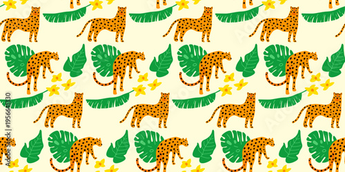 Cartoon Funny Leopard Character Seamless Pattern background. Retro Positive Colorful Tropical Feline Animal Wrapping Paper Print. Cute Cheetah Wallpaper Childish Decoration. Cartoon Wild Cat Mascot Ki