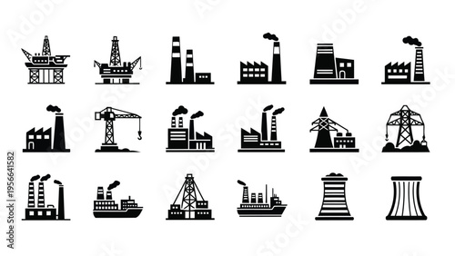 Collection of diverse industrial and construction machinery icons in monochrome style Vector