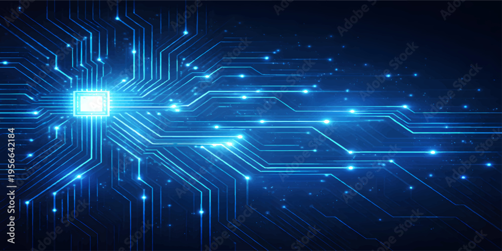 Fototapeta premium Futuristic Microchip Circuit Board Background with Glowing Data Lines, AI Processor Technology Concept