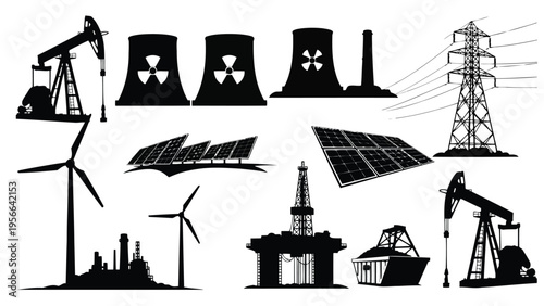 A diverse collection of renewable energy and traditional power generation icons Vector