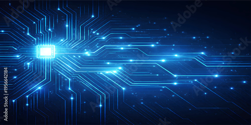 Futuristic Microchip Circuit Board Background with Glowing Data Lines, AI Processor Technology Concept