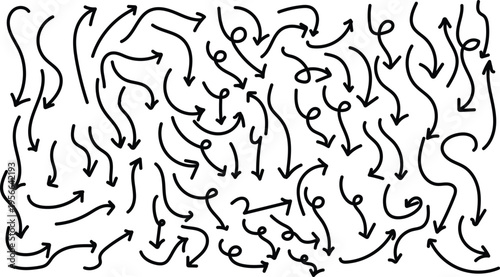 A chaotic pattern of black arrows on a pointing in various directions