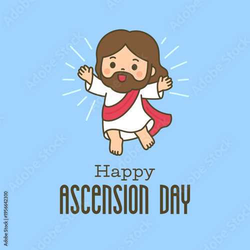 Cute chibi Jesus with rays of light and Happy Ascension Day text on light blue background