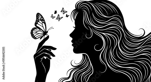 Elegant black silhouette of a beautiful woman with long flowing hair and butterflies landing on her finger isolated on white background.