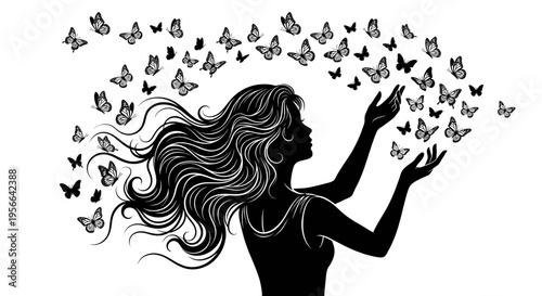 Elegant black silhouette of a beautiful woman with long flowing hair and butterflies landing on her finger isolated on white background.