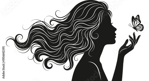 Elegant black silhouette of a beautiful woman with long flowing hair and butterflies landing on her finger isolated on white background.