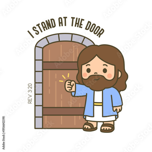 Cute chibi Jesus knocking on wooden door with I Stand at the Door Rev 3 20 text on white background