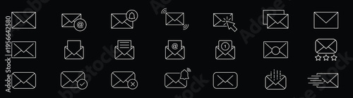 Mail and email outline icon set, envelope message inbox and attachment. Email Web Icon Set in Line Style. Collection of E-mail and Letter Linear Icons, Including mail, envelope, email, postal, letter.