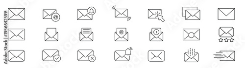 Mail and email outline icon set, envelope message inbox and attachment. Email Web Icon Set in Line Style. Collection of E-mail and Letter Linear Icons, Including mail, envelope, email, postal, letter.