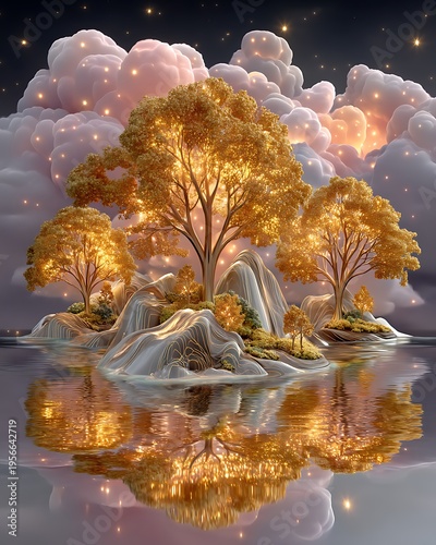 Fantasy golden trees ethereal environment high resolution picture