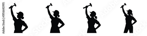 International Workers' Day Silhouette: Female Worker Raising Hammer Vector Art - Labor Day, Women Empowerment & Industrial Strength Illustration Set