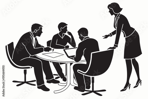 A minimalist black and white vector illustration of a businesswoman presenting to a group of three colleagues seated around a table