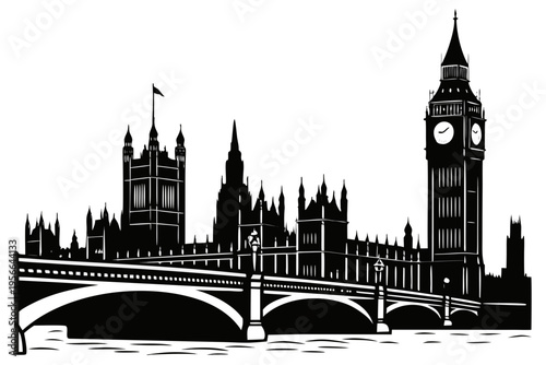 A black and white vector illustration of the London skyline featuring Big Ben and Westminster Bridge