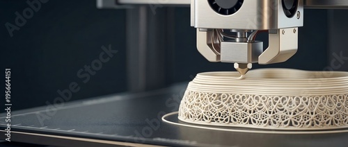 Close-up of 3D printer nozzle creating a complex lattice structure with cream filament, modern additive manufacturing technology