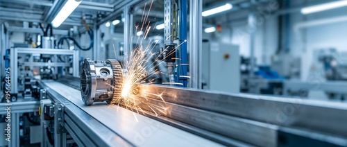 Metal gear processing with bright sparks on automated conveyor belt in modern factory, industrial manufacturing concept