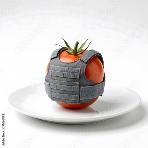 Single ripe red tomato wearing a detailed grey tactical bulletproof vest on a white plate, isolated conceptual image