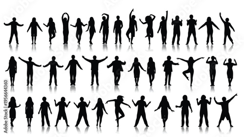 Diverse silhouettes of people in various dynamic poses and groupings Vector