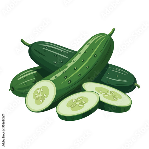 Fresh green cucumber with leaves and slices isolated on white background