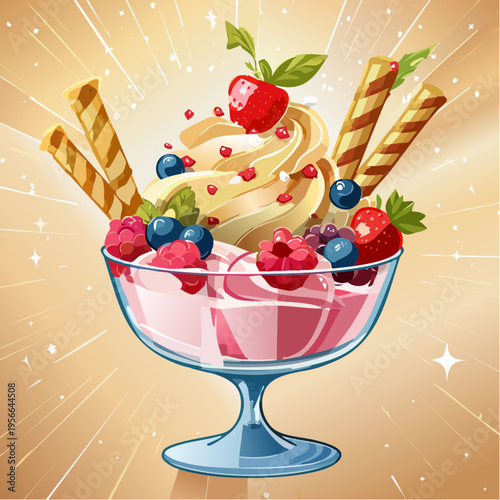 Elegantes Eis-Dessert mit Goldakzenten und Beeren