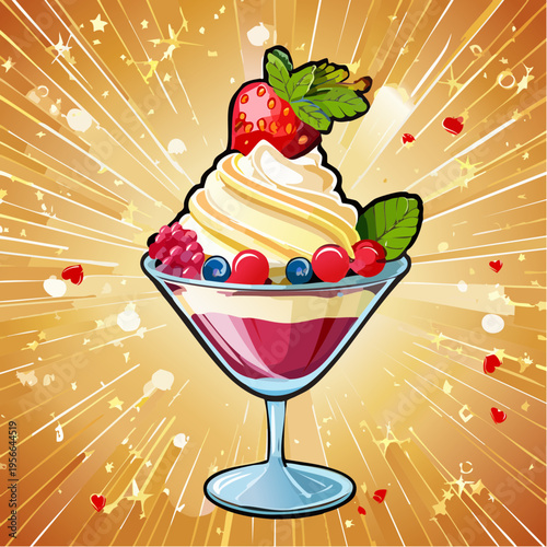 Elegantes Eis-Dessert mit Goldakzenten und Beeren