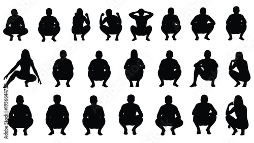 Collection of stylized silhouettes of people sitting in various relaxed postures on chairs Vector