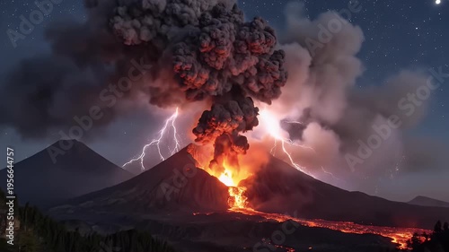 Volcano eruption spewing lava and smoke with lightning during nighttime