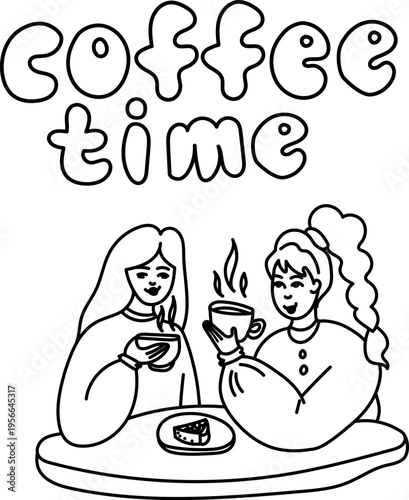 Cartoon hand drawn doodle with two beautiful women sitting at the cafe and talking. Two female friends drinking coffee and gossiping. Middle aged females wearing casual clothes.