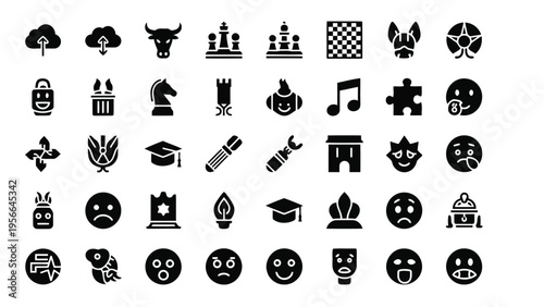 Collection of diverse icons representing various objects and activities in a monochrome style Vector