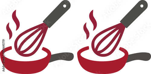 Two red frying pans with sizzling food and utensils