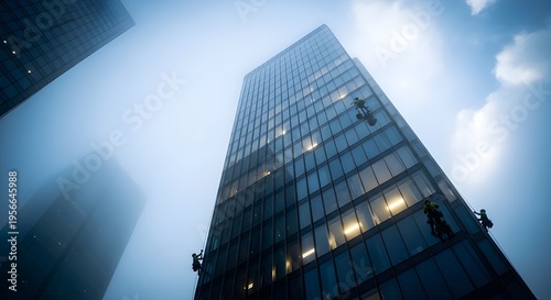 A modern corporate office building skyscraper featuring blue glass windows and urban architecture reflections stands tall against the night sky in the downtown financial district