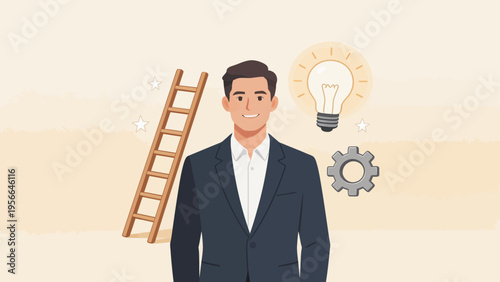 Businessman with ladder lightbulb and gear