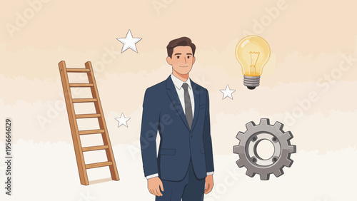 Businessman with ladder lightbulb and gear