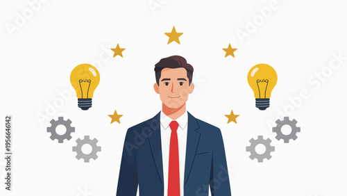Businessman with lightbulbs and gears