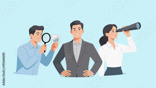 three business people with magnifying glass and telescope